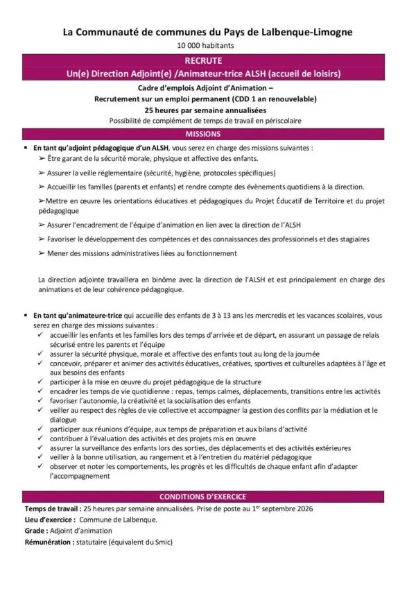 Image du document Annonce Adjoint Animateur -trice ALSH septembre 2026