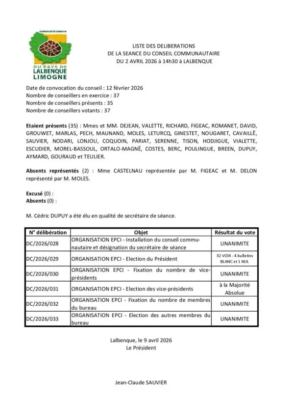 Image du document Liste des délibérations du conseil du 2 avril 2026