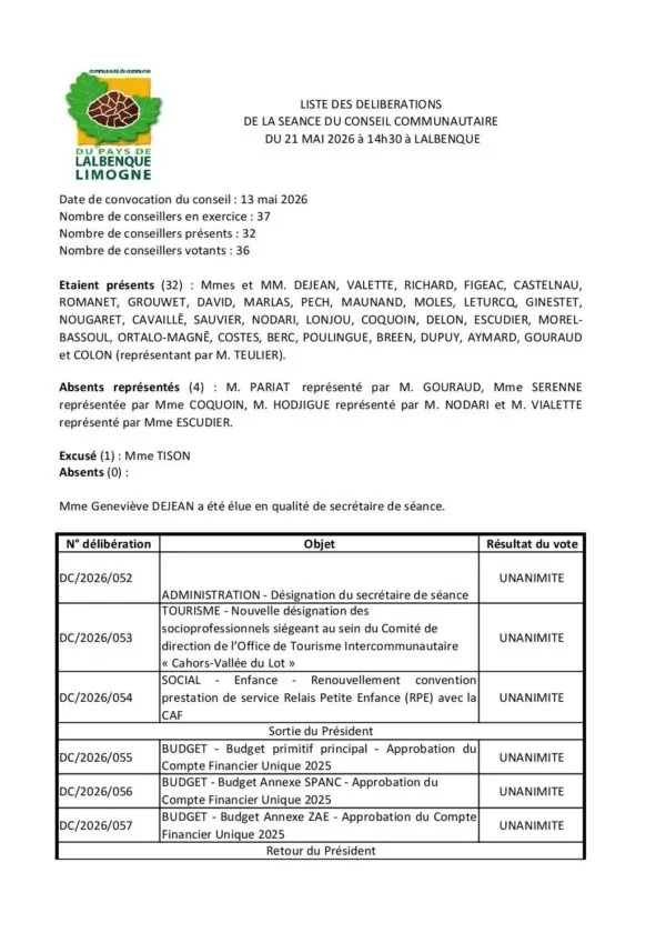 Image du document Liste des délibérations du conseil du 21 mai 2026