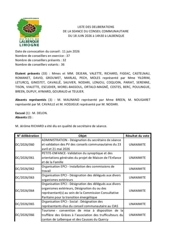 Image du document Liste des délibérations conseil communautaire du 18 juin 2026