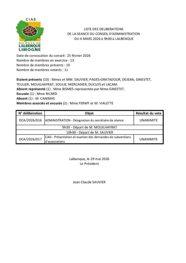 Image du document Liste des délibérations du CA CIAS du 29 mai 2026