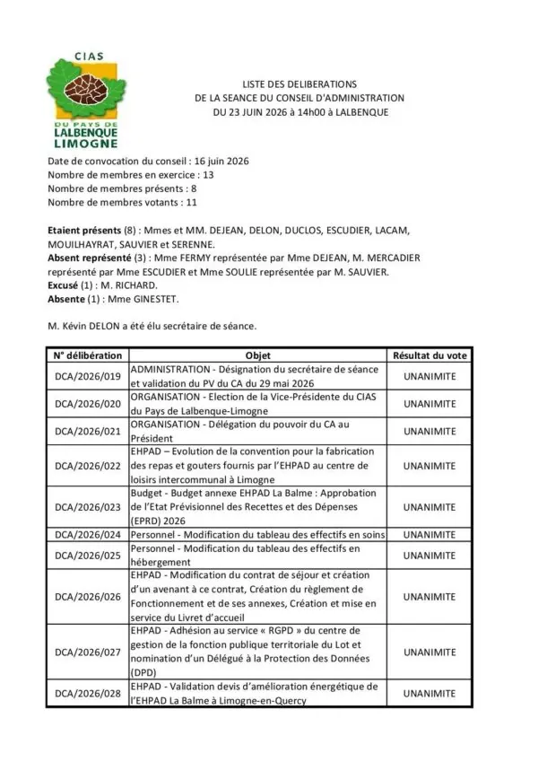 Image du document Liste des délibérations du CA du 23 juin 2026