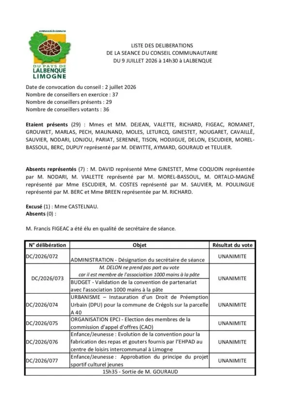 Image du document Liste des délibération du conseil du 9 juillet 2026