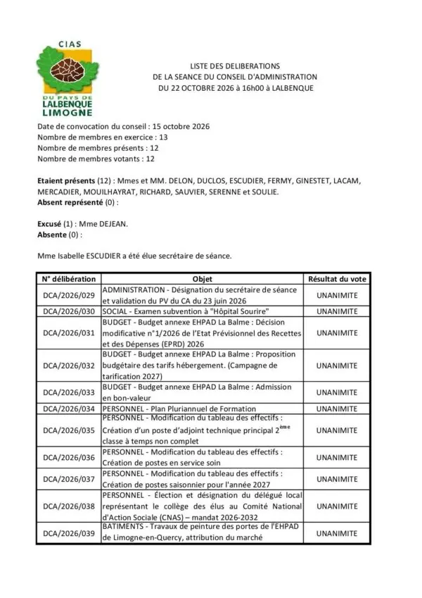 Image du document Liste des délibérations du Conseil d&rsquo;Administration du 22 octobre 2026