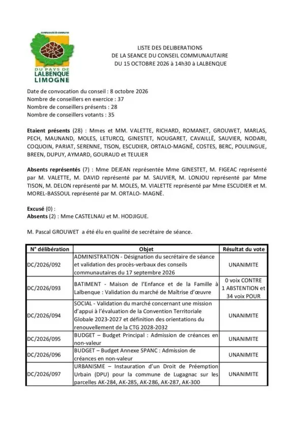 Image du document Liste des délibérations du conseil communautaire du 15 10 2026